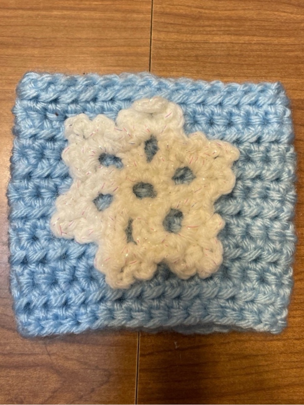 Handmade Light Blue Crochet Cozy with White Snowflake Applique